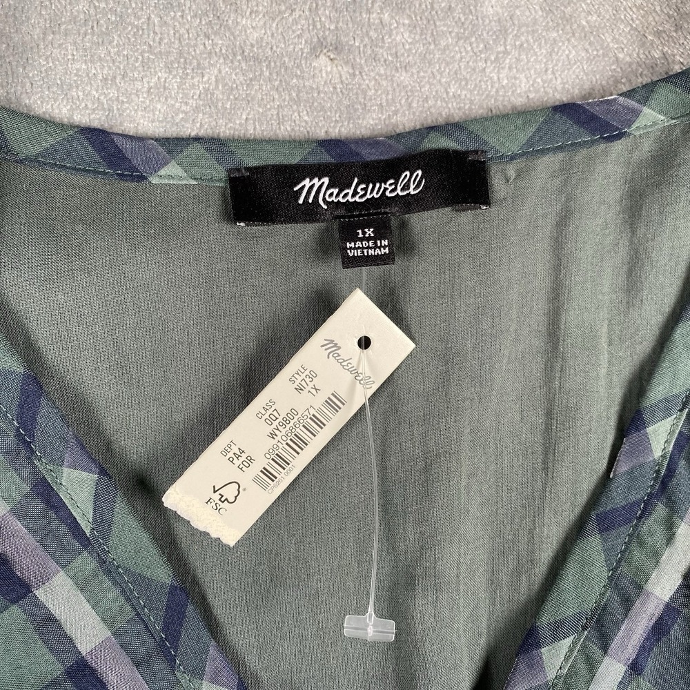 Madewell Dress Womens 1X Green Blue Marianna Puff Sleeve Mini Plaid Heritage NWT - Picture 5 of 14